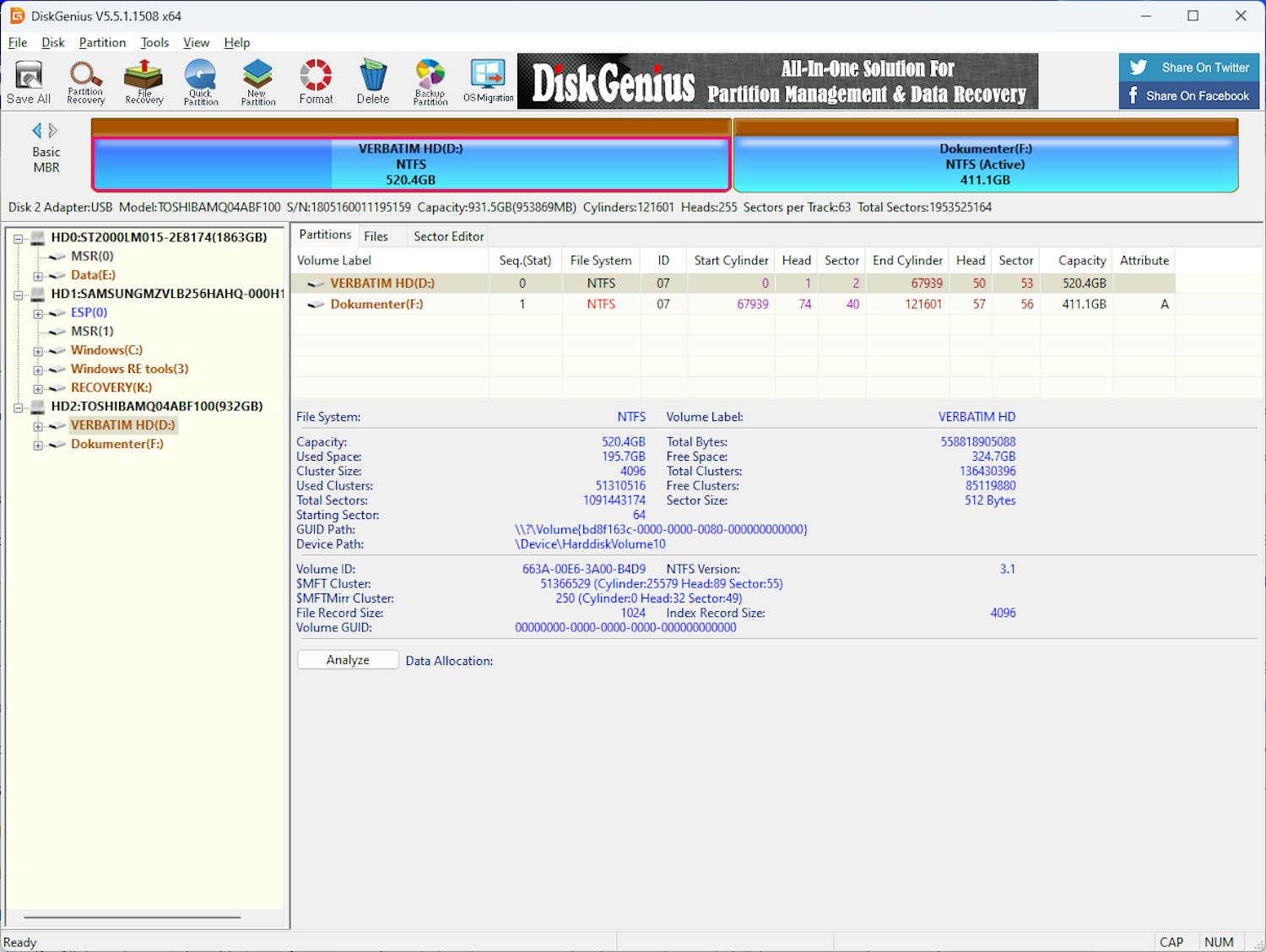 Steg 1: Välj en enhet eller partition som du vill kontrollera om det finns några fel på vänster sida i programmet.